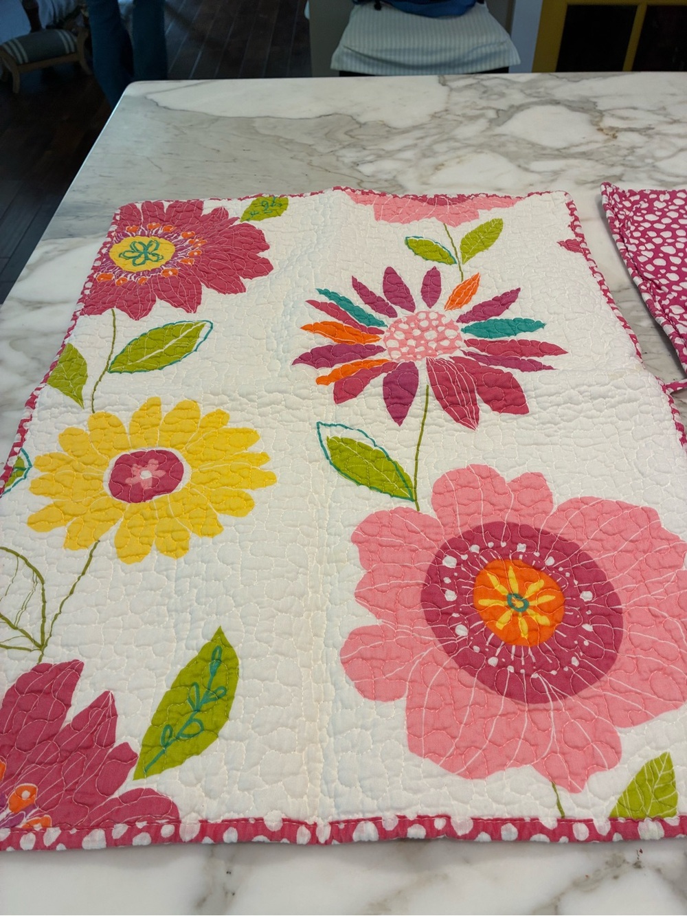 Floral Garden White Quilted Throw with Pink, Yellow & Green Accents